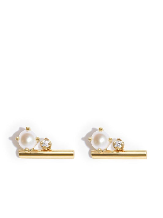 14k Yellow Gold Pearl and Diamond Bar Stud Earrings