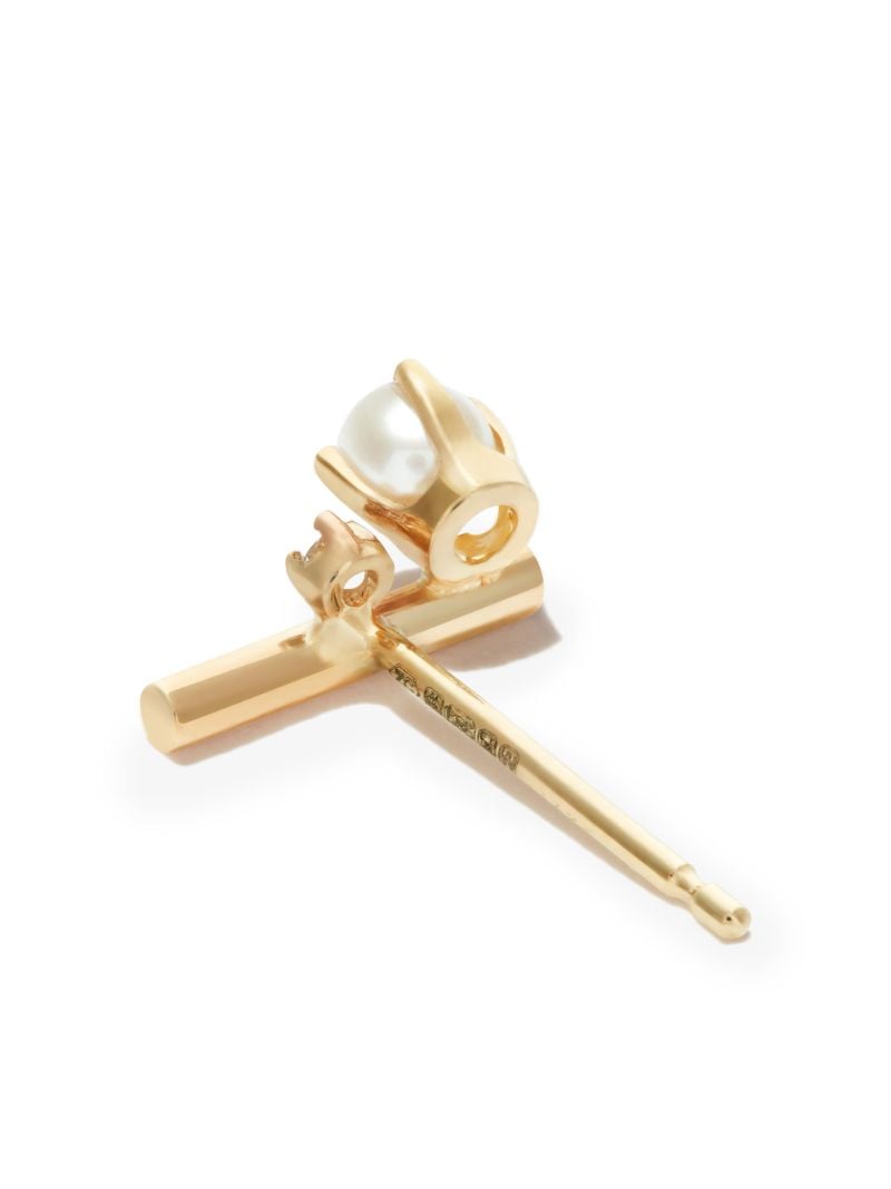 14k Yellow Gold Pearl and Diamond Bar Stud Earrings