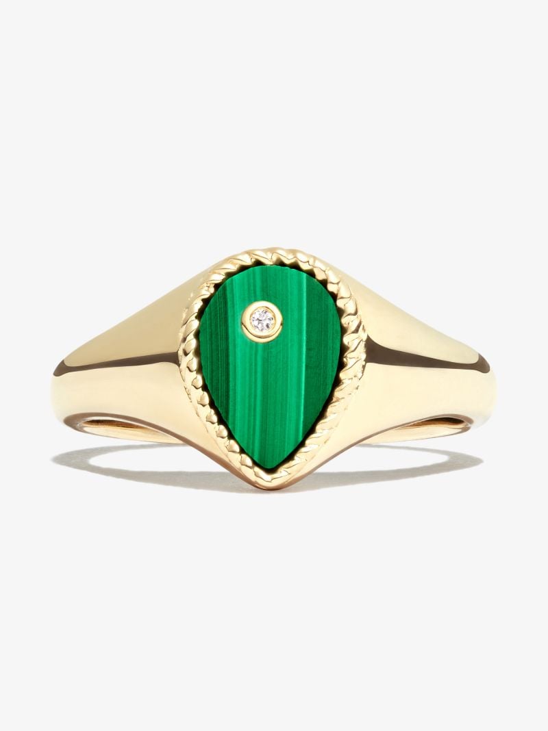 9k Yellow Gold Malachite Diamond Mini Signet Ring