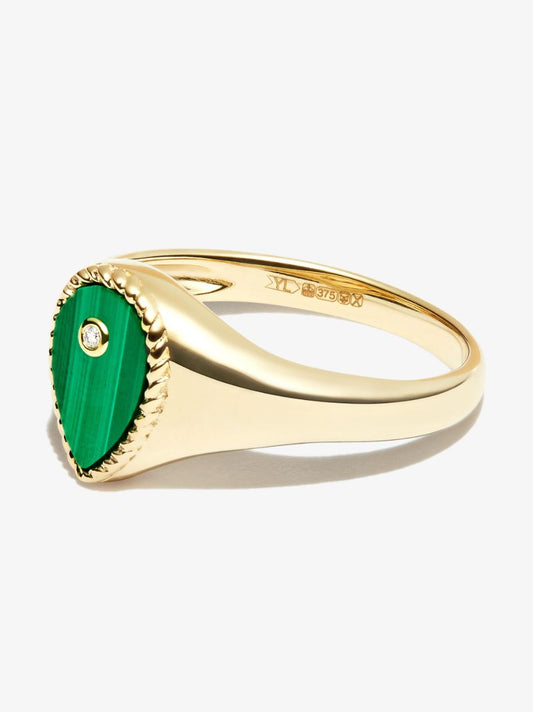 9k Yellow Gold Malachite Diamond Mini Signet Ring