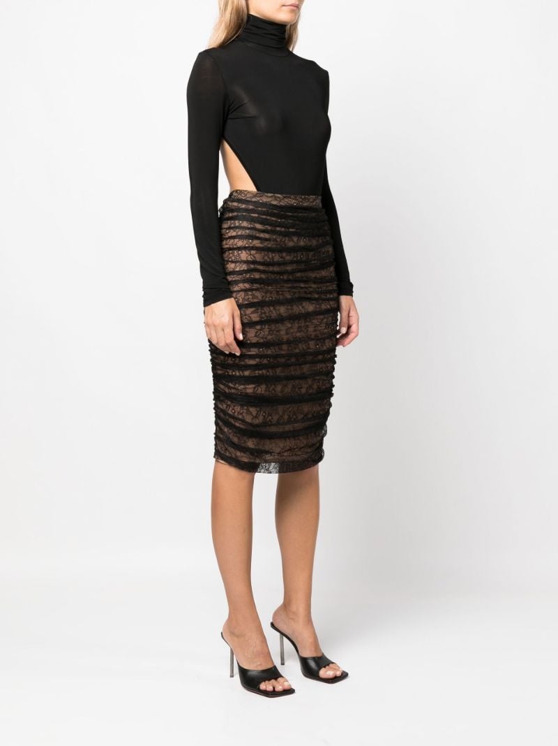 Brown Ruched Lace Midi Pencil Skirt