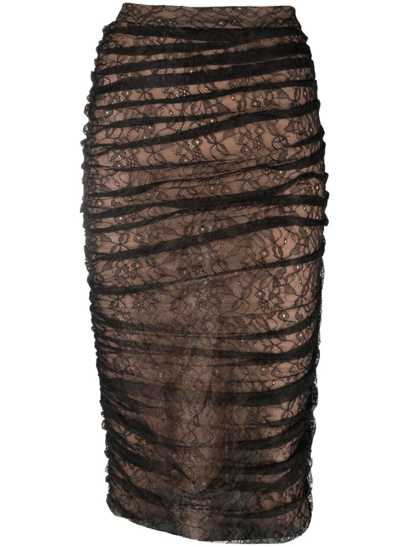 Brown Ruched Lace Midi Pencil Skirt