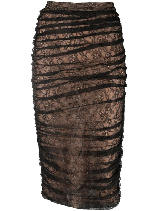 Brown Ruched Lace Midi Pencil Skirt