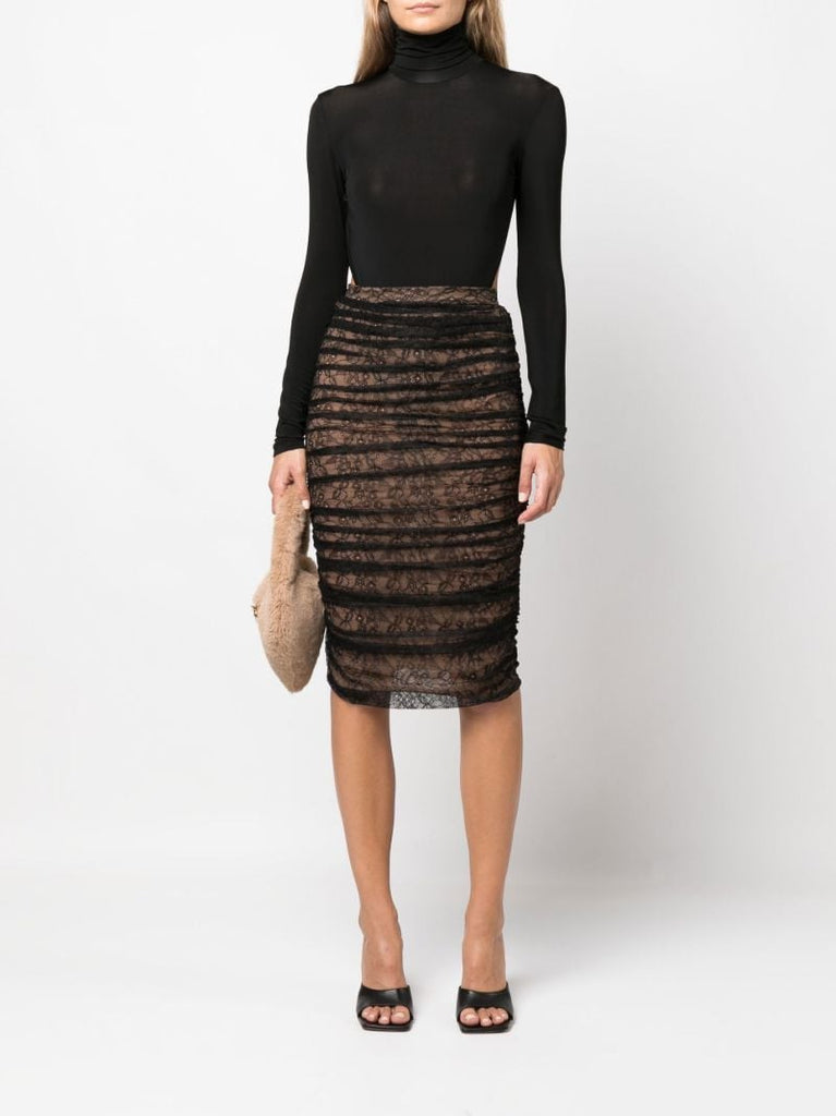 Brown Ruched Lace Midi Pencil Skirt