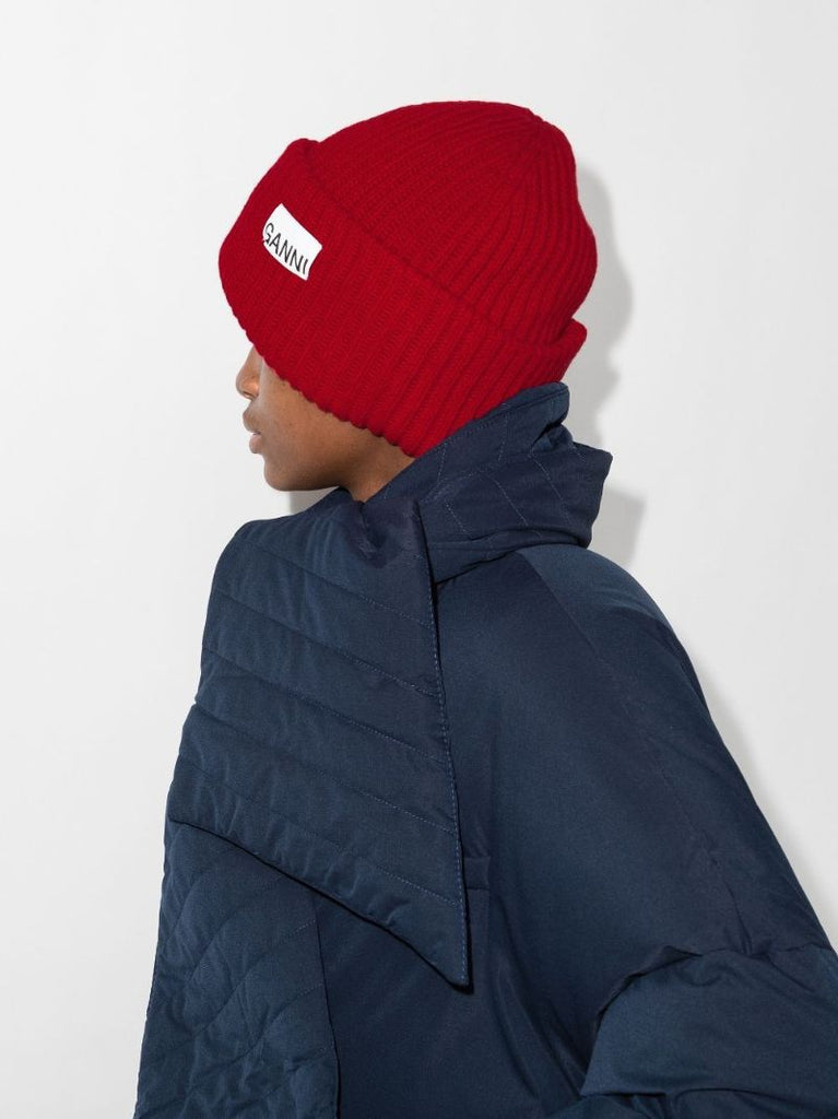Red Logo Ribbed Beanie Hat