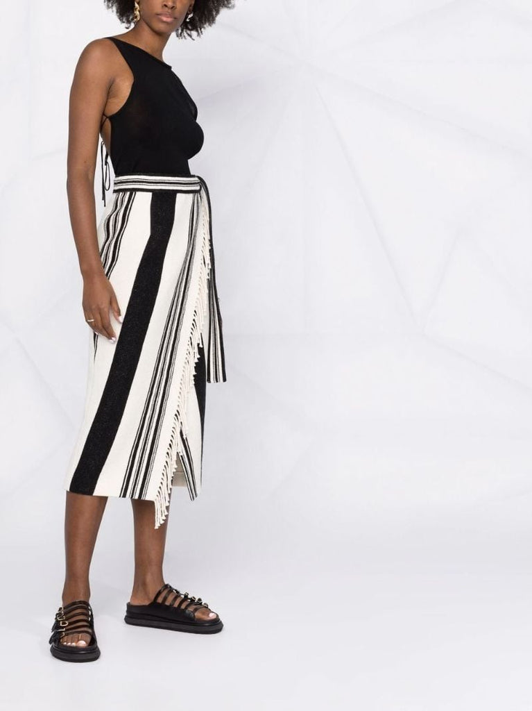 Black and White Striped Wrap Midi Skirt