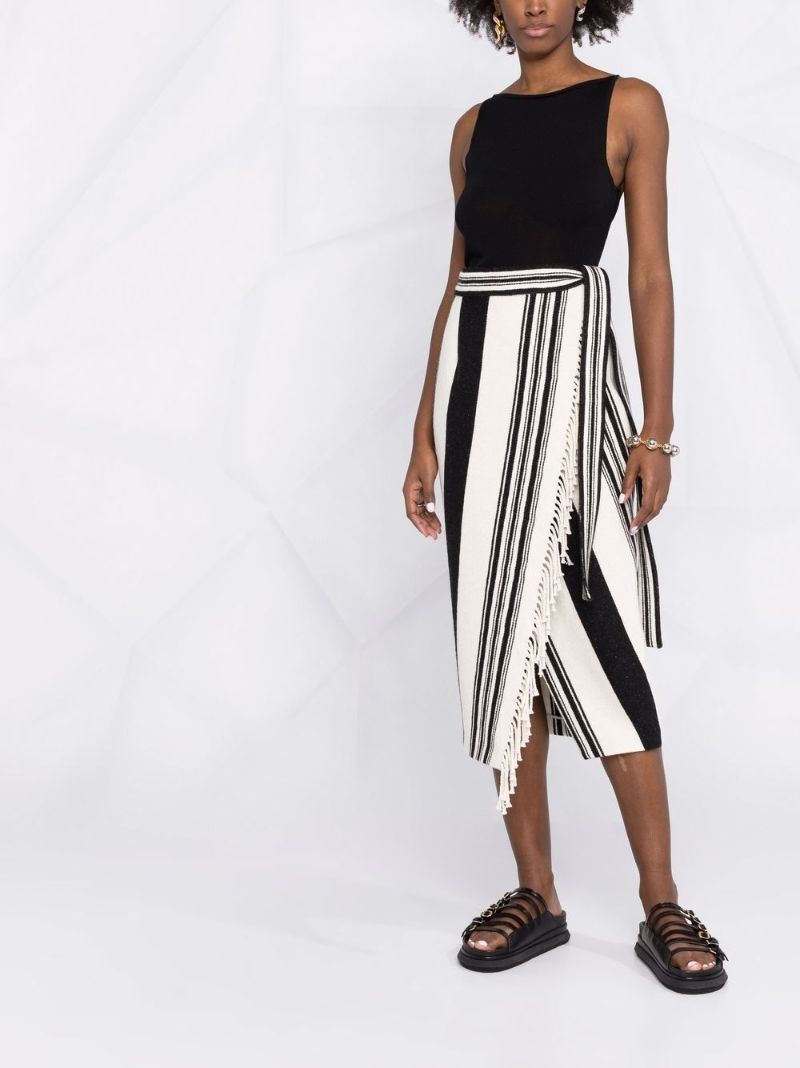 Black and White Striped Wrap Midi Skirt