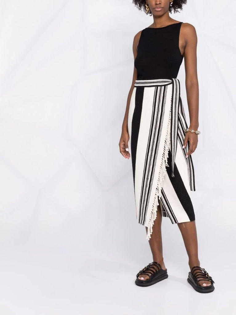 Black and White Striped Wrap Midi Skirt