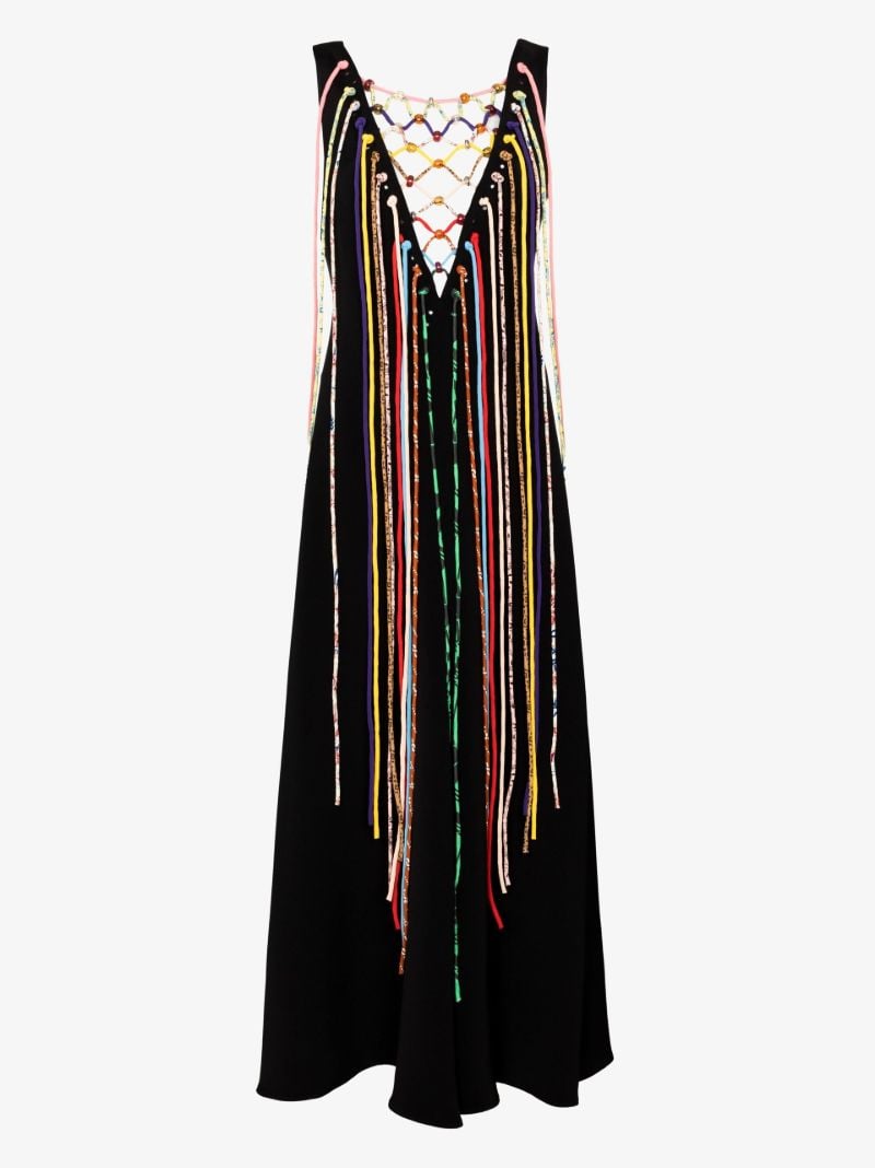 V-neck Fringed Silk Maxi Dress