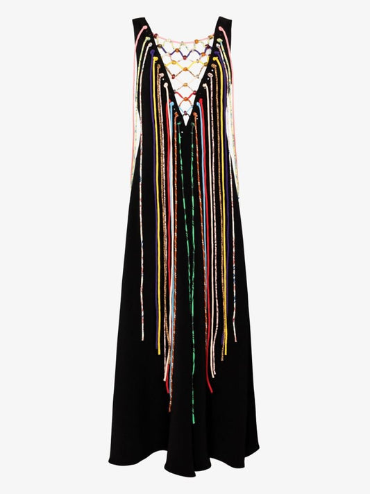 V-neck Fringed Silk Maxi Dress