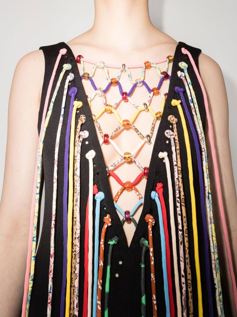 V-neck Fringed Silk Maxi Dress