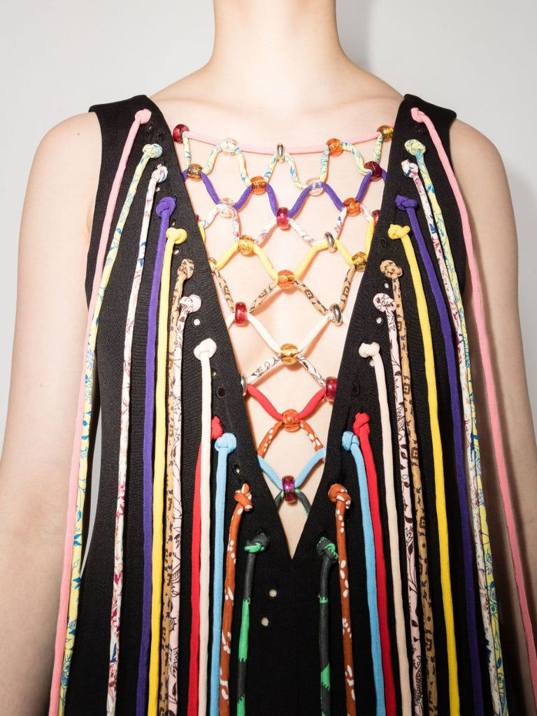 V-neck Fringed Silk Maxi Dress