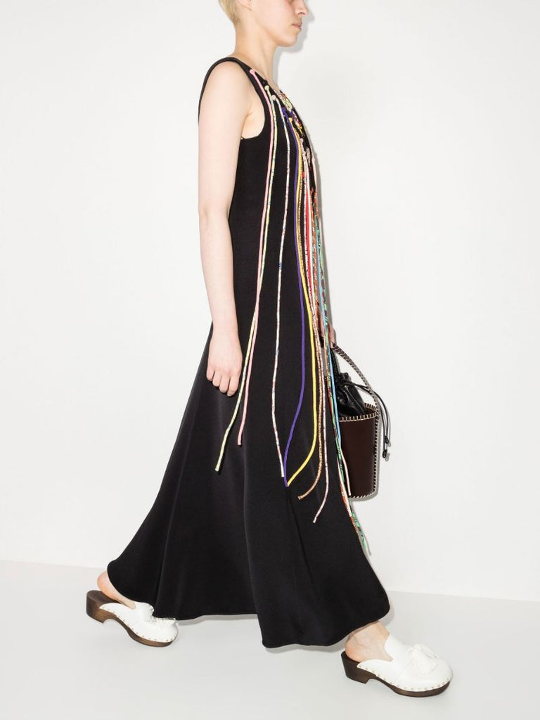 V-neck Fringed Silk Maxi Dress