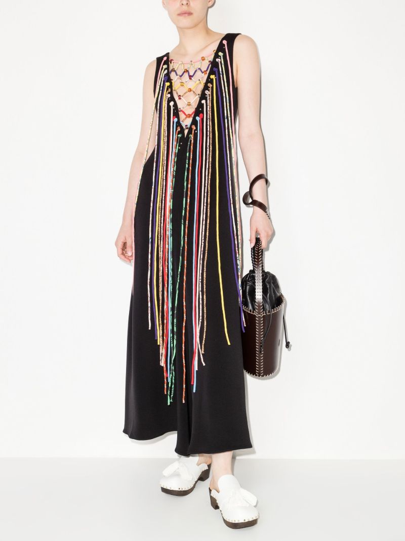 V-neck Fringed Silk Maxi Dress