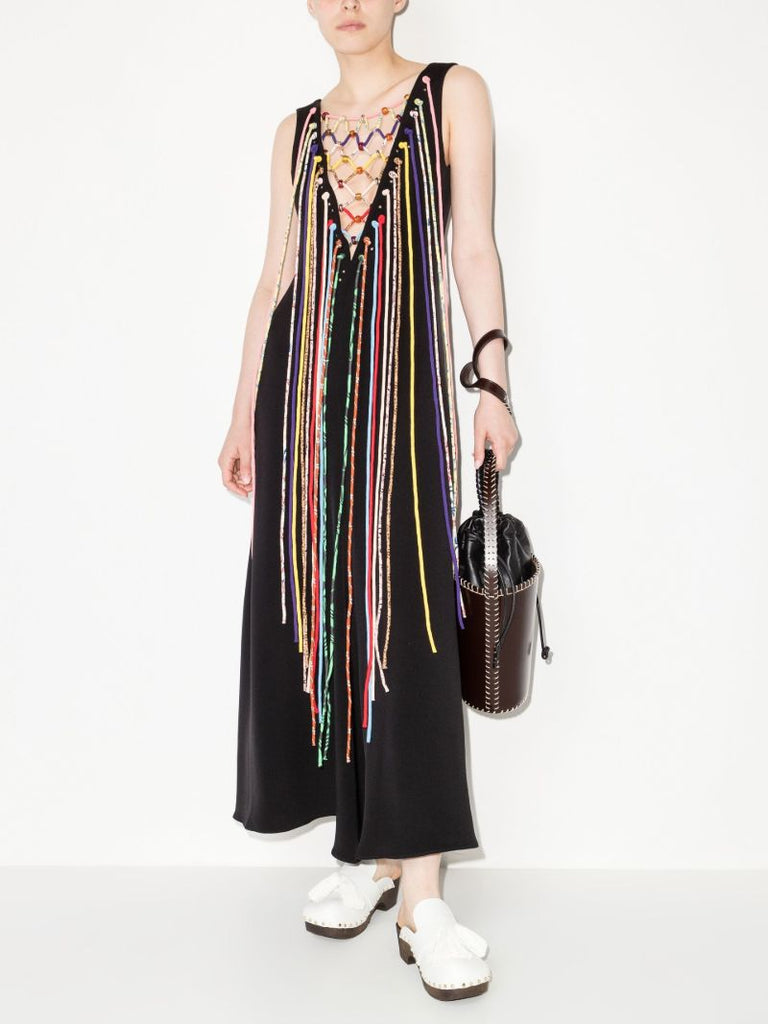 V-neck Fringed Silk Maxi Dress