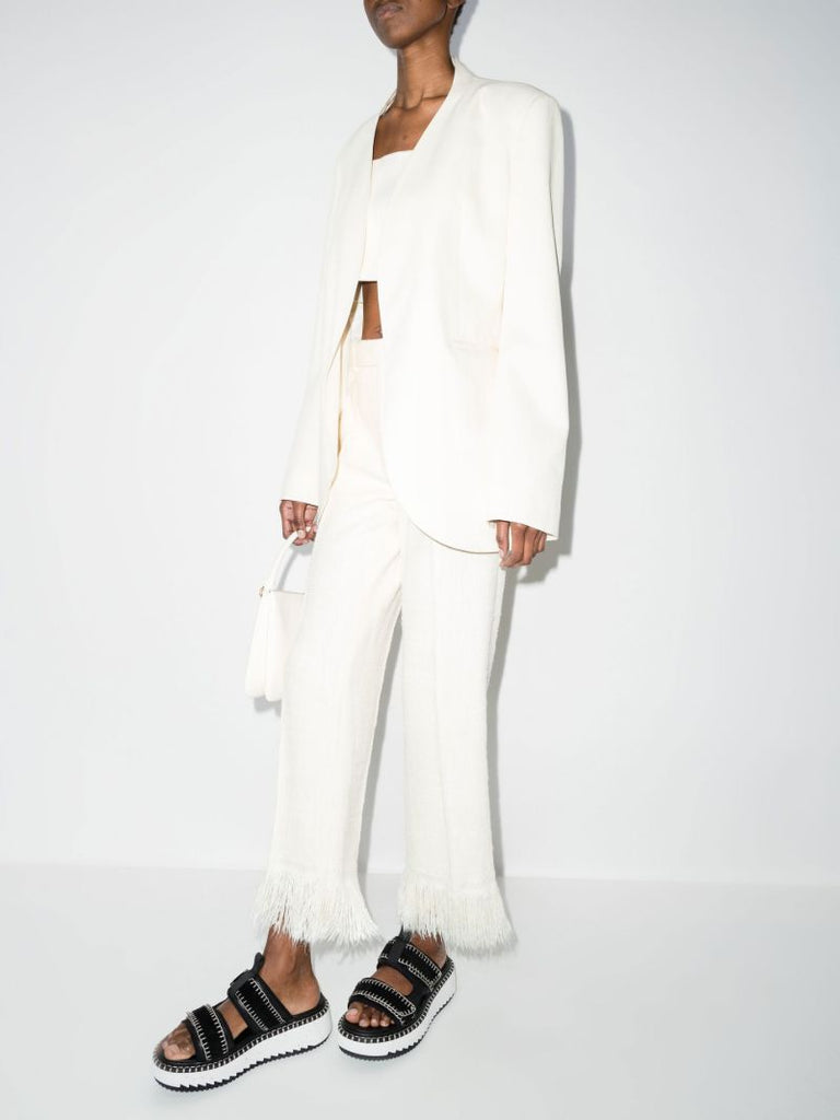 Fringed Hem Textured Silk Trousers