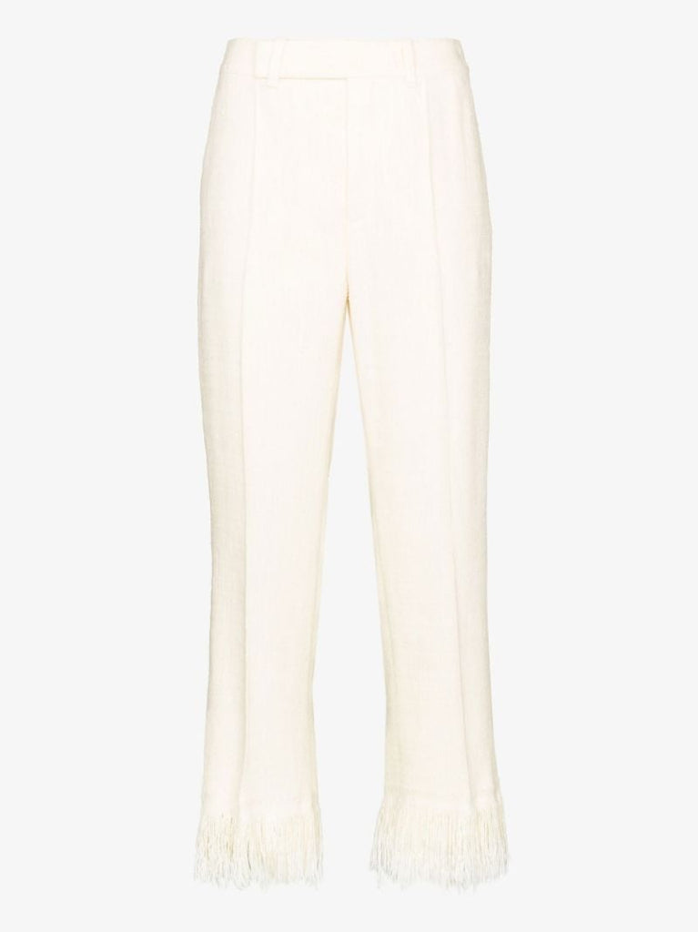 Fringed Hem Textured Silk Trousers
