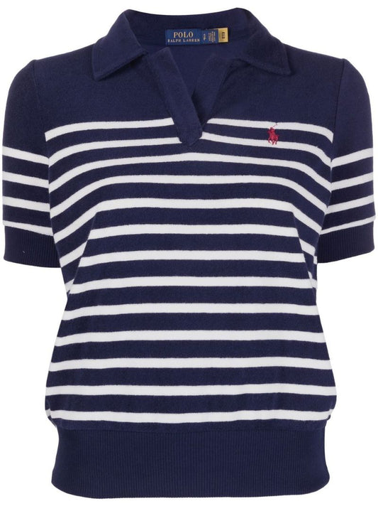 Navy Striped Cotton Polo Shirt