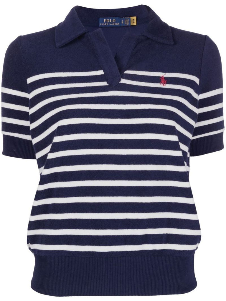 Navy Striped Cotton Polo Shirt