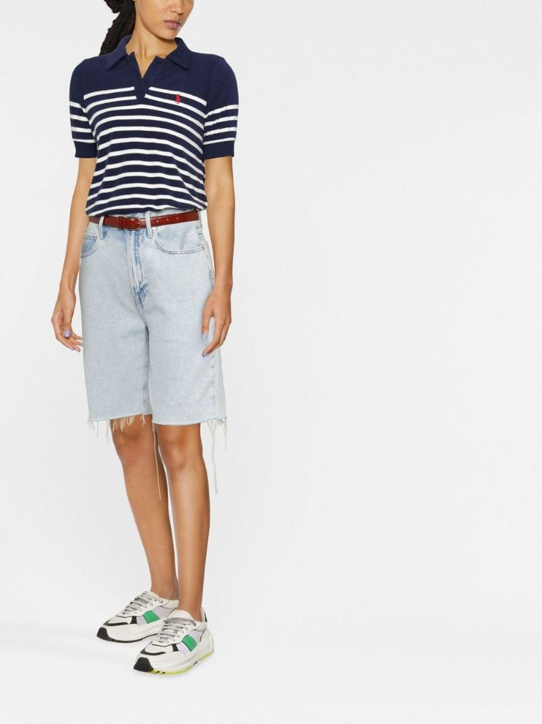 Navy Striped Cotton Polo Shirt