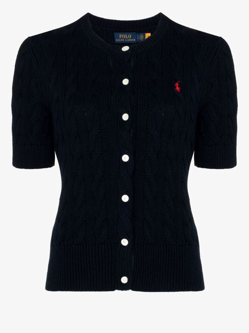 Blue Polo Pony Cable Knit Cotton Cardigan