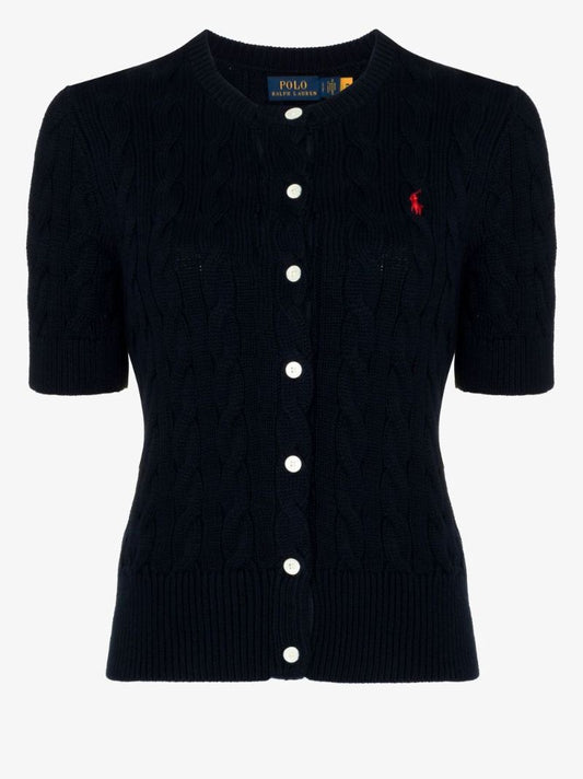 Blue Polo Pony Cable Knit Cotton Cardigan