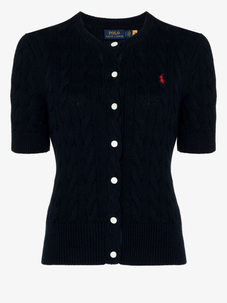 Blue Polo Pony Cable Knit Cotton Cardigan