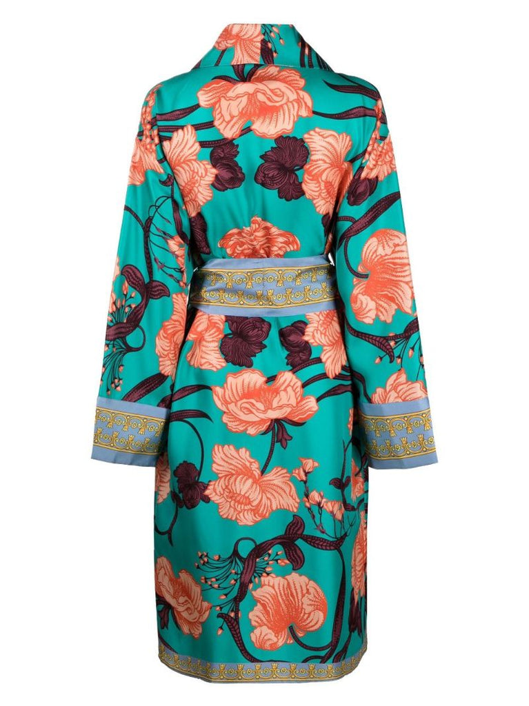 Blue Art Deco Flowers Printed Silk Robe