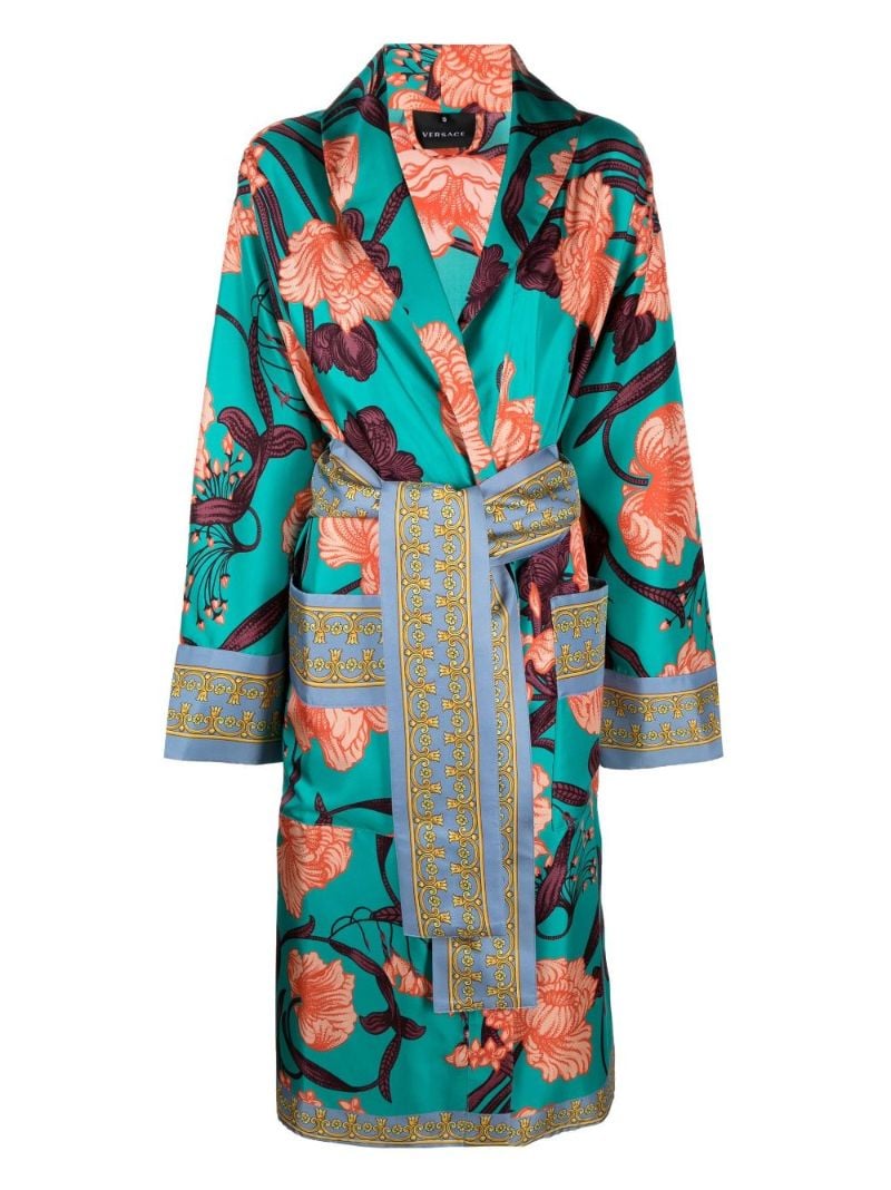 Blue Art Deco Flowers Printed Silk Robe