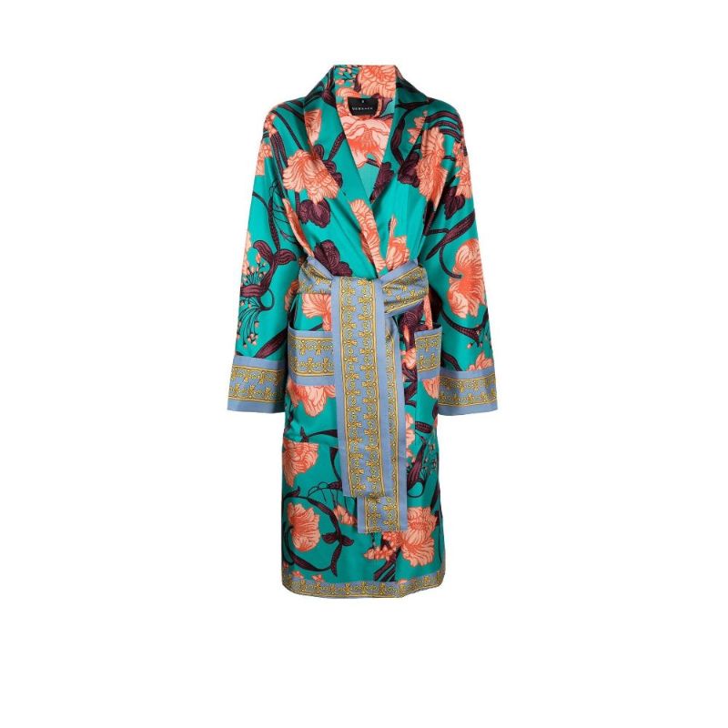 Blue Art Deco Flowers Printed Silk Robe
