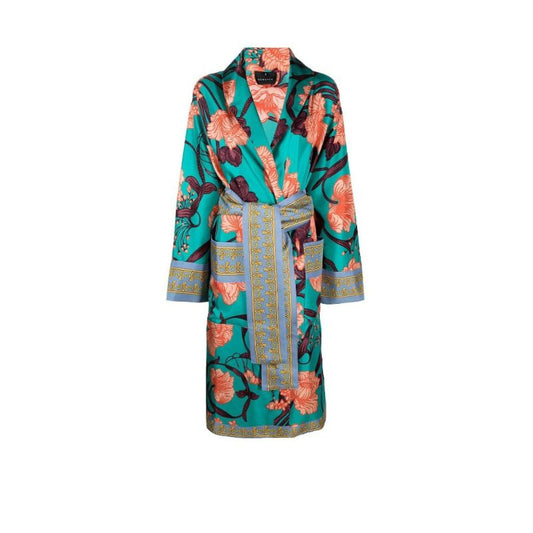 Blue Art Deco Flowers Printed Silk Robe
