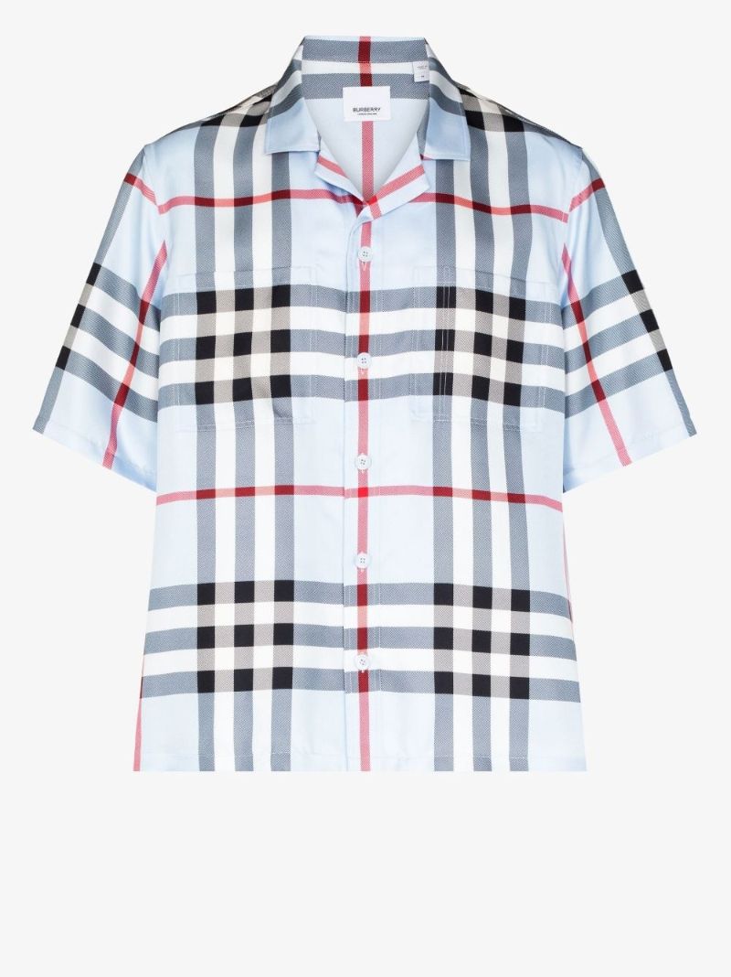 Blue Short Sleeve Check Silk Shirt