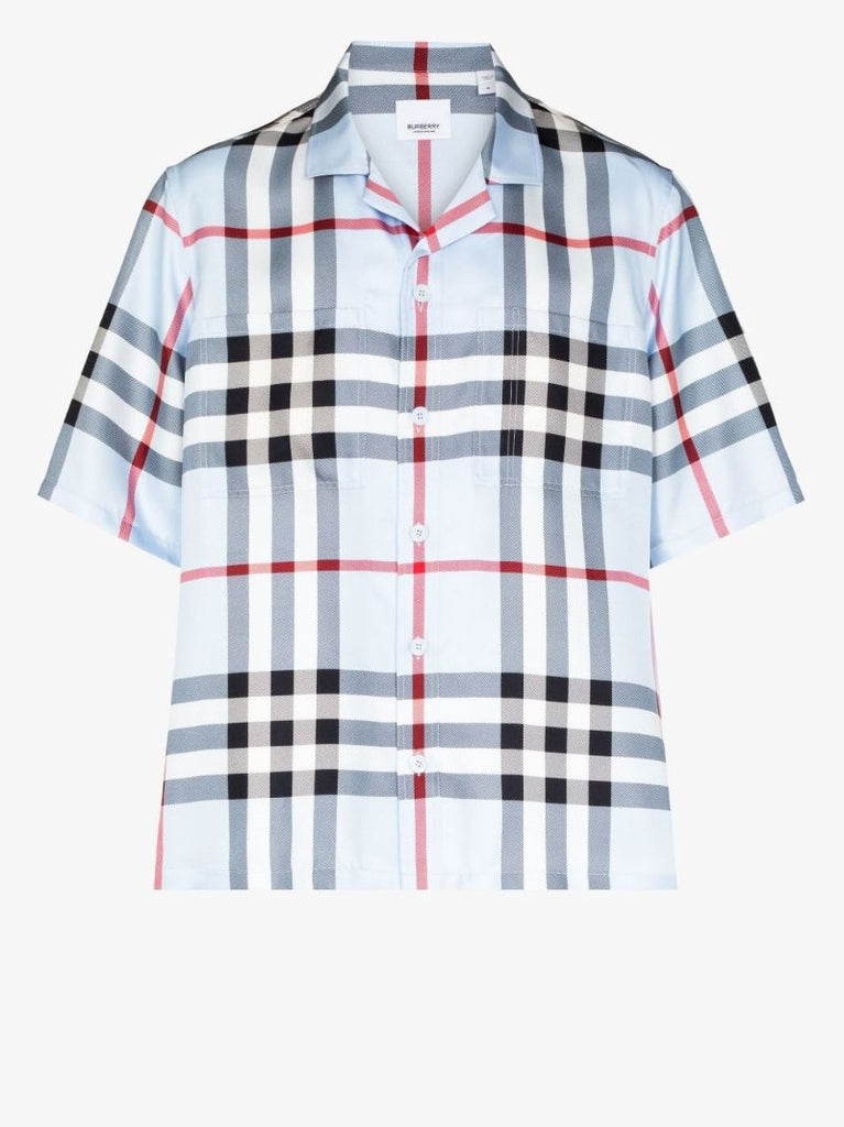 Blue Short Sleeve Check Silk Shirt