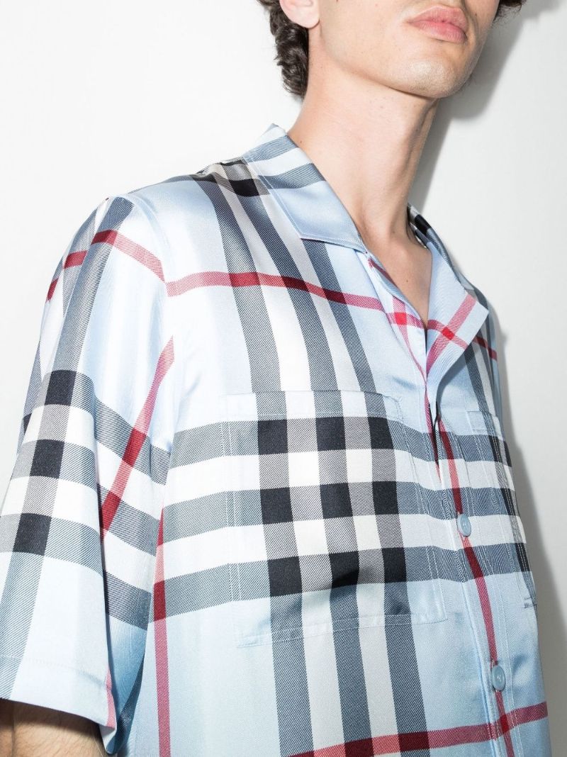 Blue Short Sleeve Check Silk Shirt