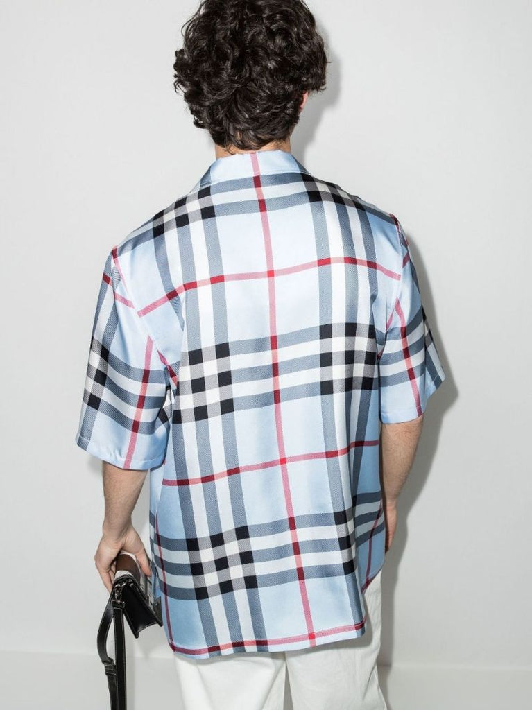 Blue Short Sleeve Check Silk Shirt