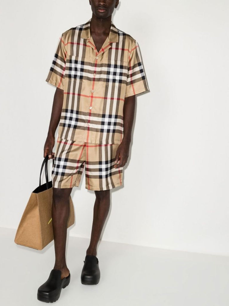 Neutral Short Sleeve Check Silk Shirt