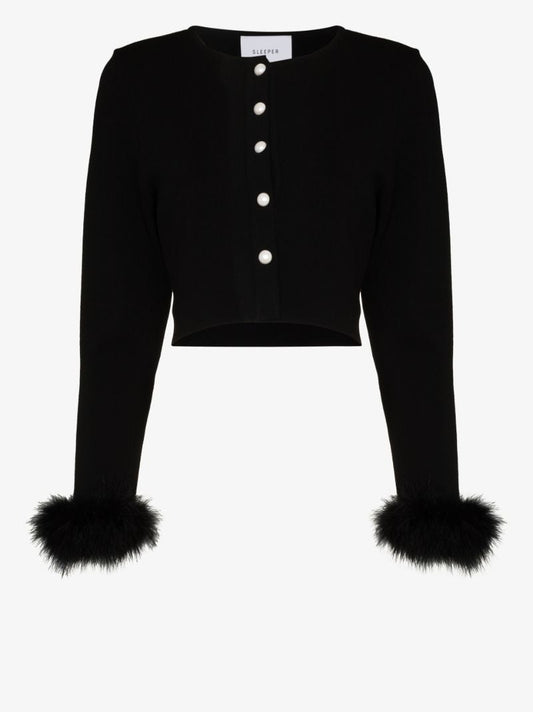 Feather Trim Cropped Cardigan