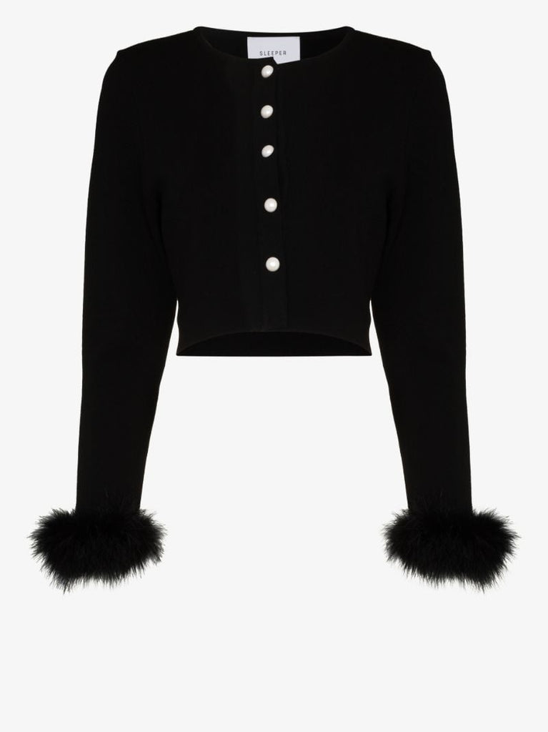 Feather Trim Cropped Cardigan