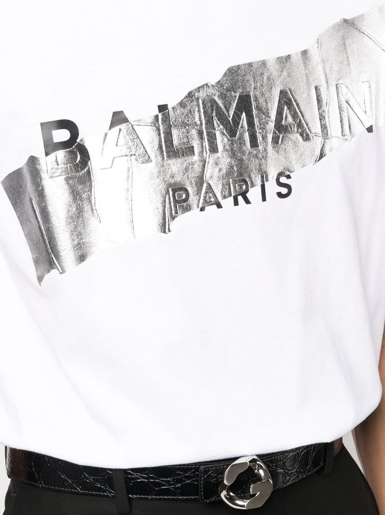 White Foil Logo Print Cotton T-shirt