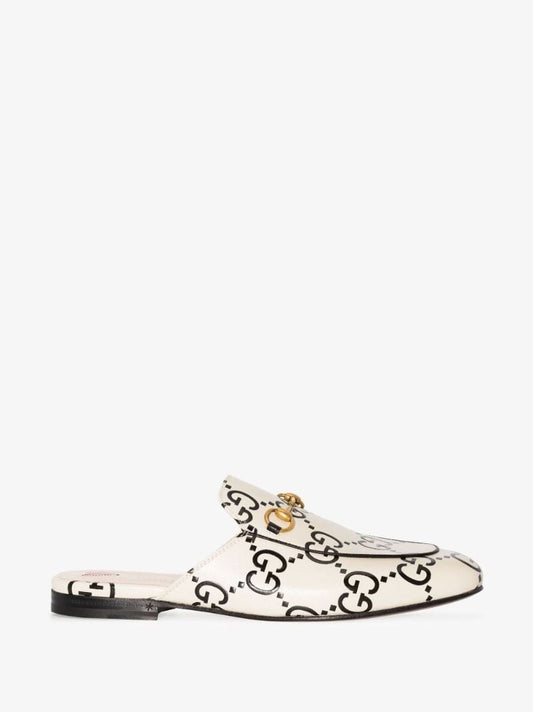Neutral Princetown Logo Print Leather Mules