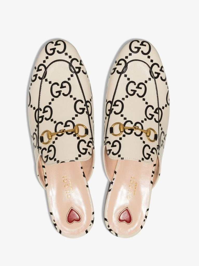 Neutral Princetown Logo Print Leather Mules
