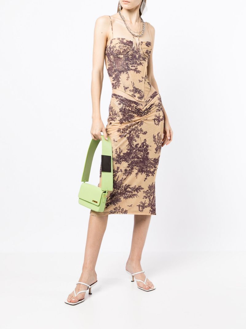 Brown Preston Printed Ruched Midi Skirt