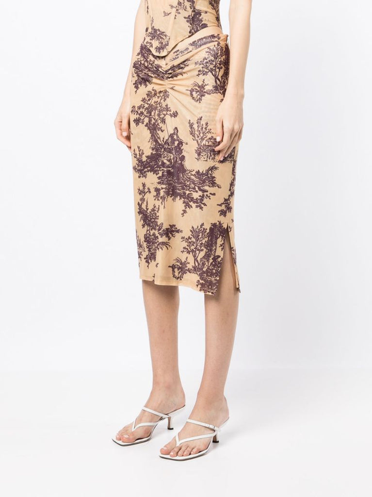Brown Preston Printed Ruched Midi Skirt