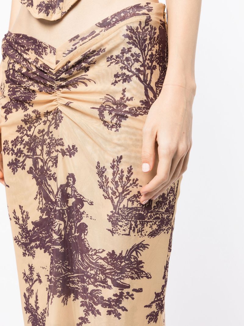 Brown Preston Printed Ruched Midi Skirt