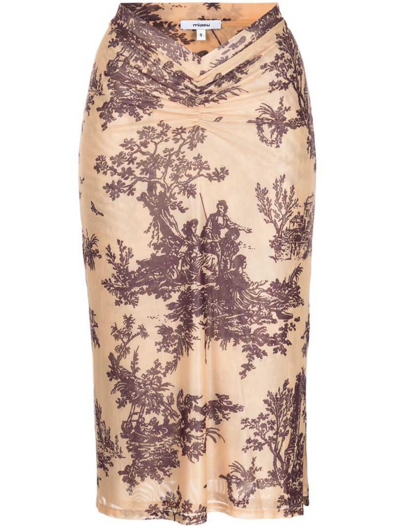 Brown Preston Printed Ruched Midi Skirt