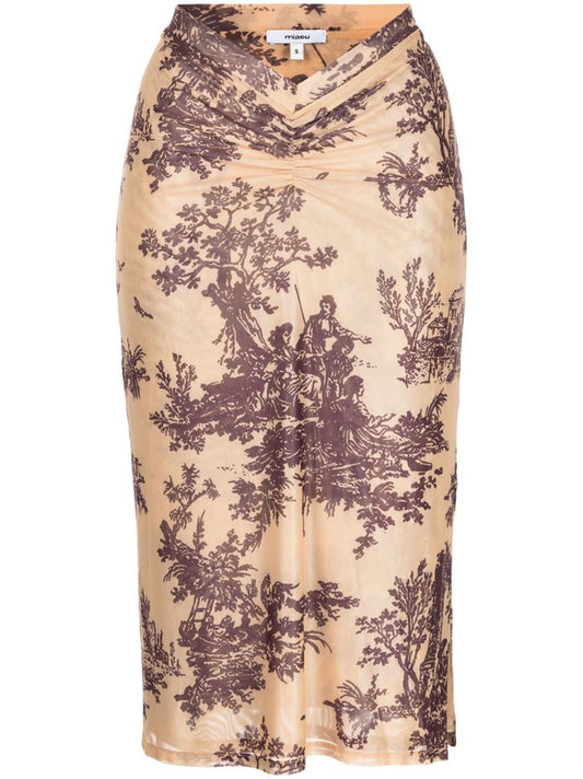 Brown Preston Printed Ruched Midi Skirt
