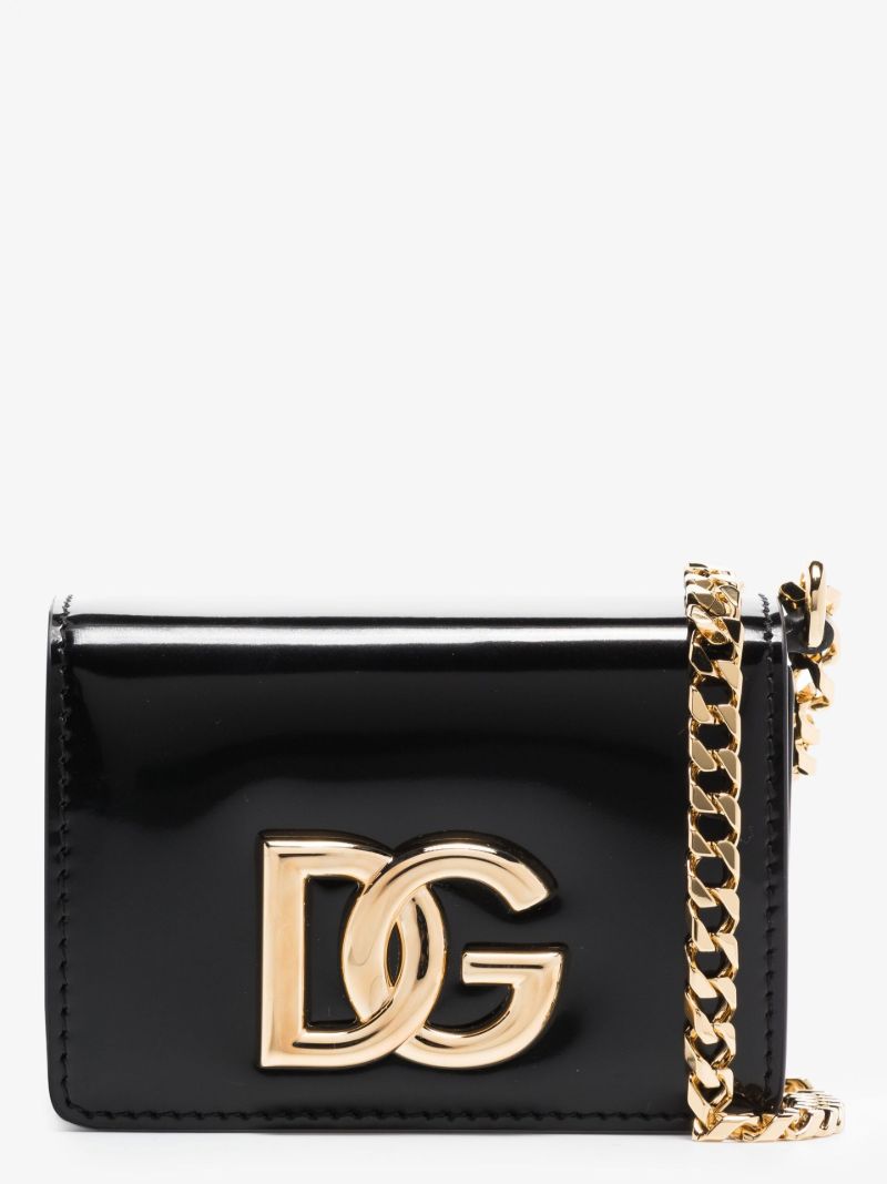 Black Logo Plaque Leather Chain Wallet