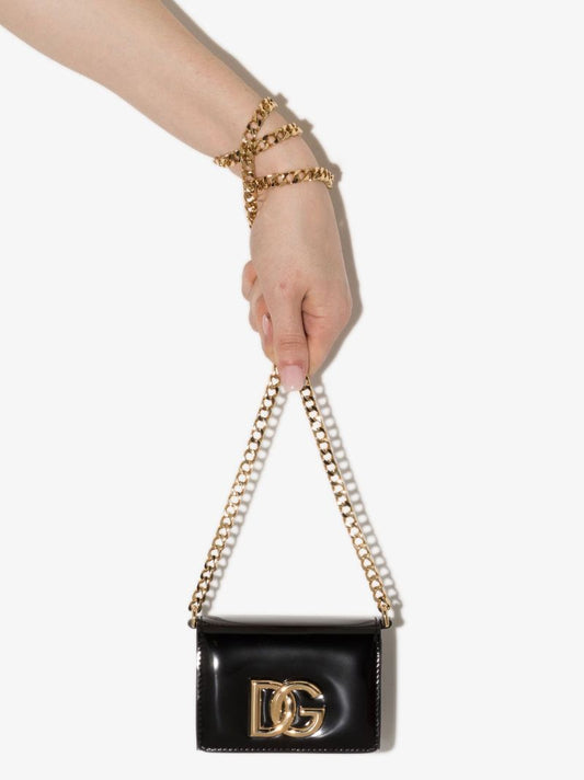 Black Logo Plaque Leather Chain Wallet