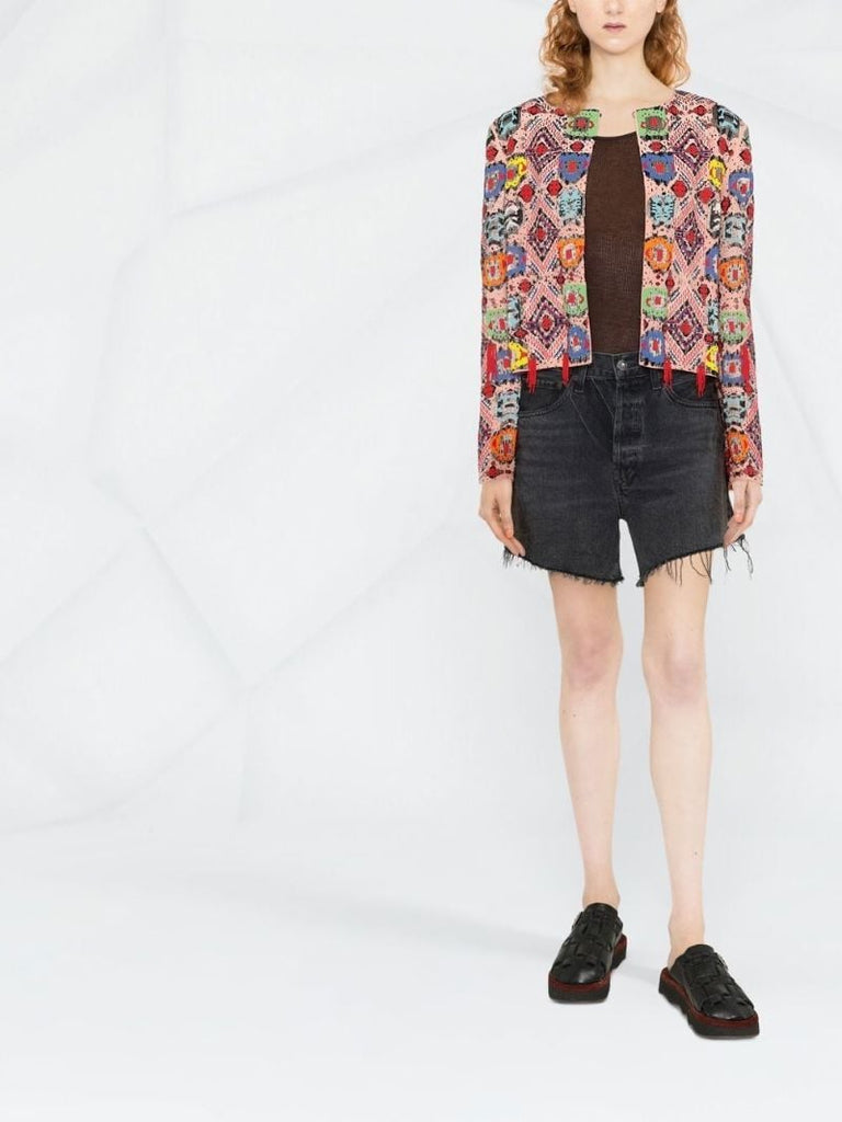 Pink Embroidered Cropped Jacket