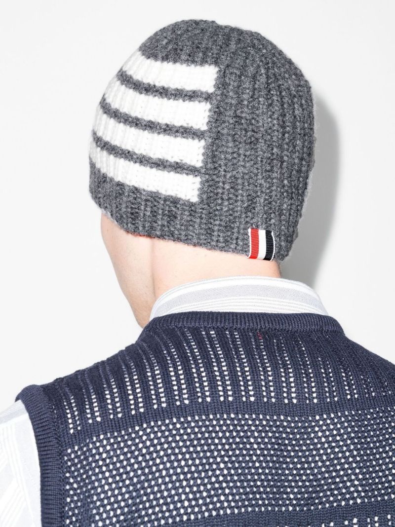 Grey 4-bar Stripe Merino Wool Beanie Hat